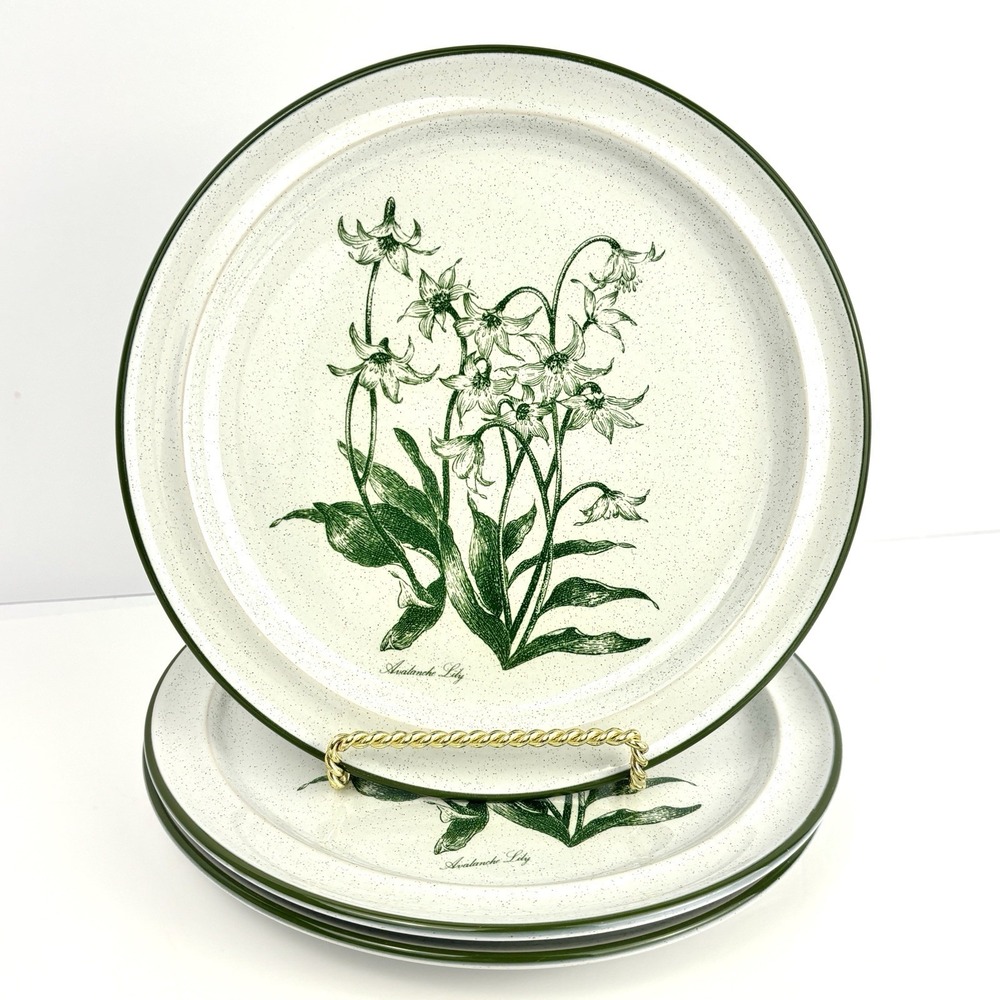 Noritake Mountain Flowers 8343 Avalanche Lily 8.5” Plates Set 3 Japan Green